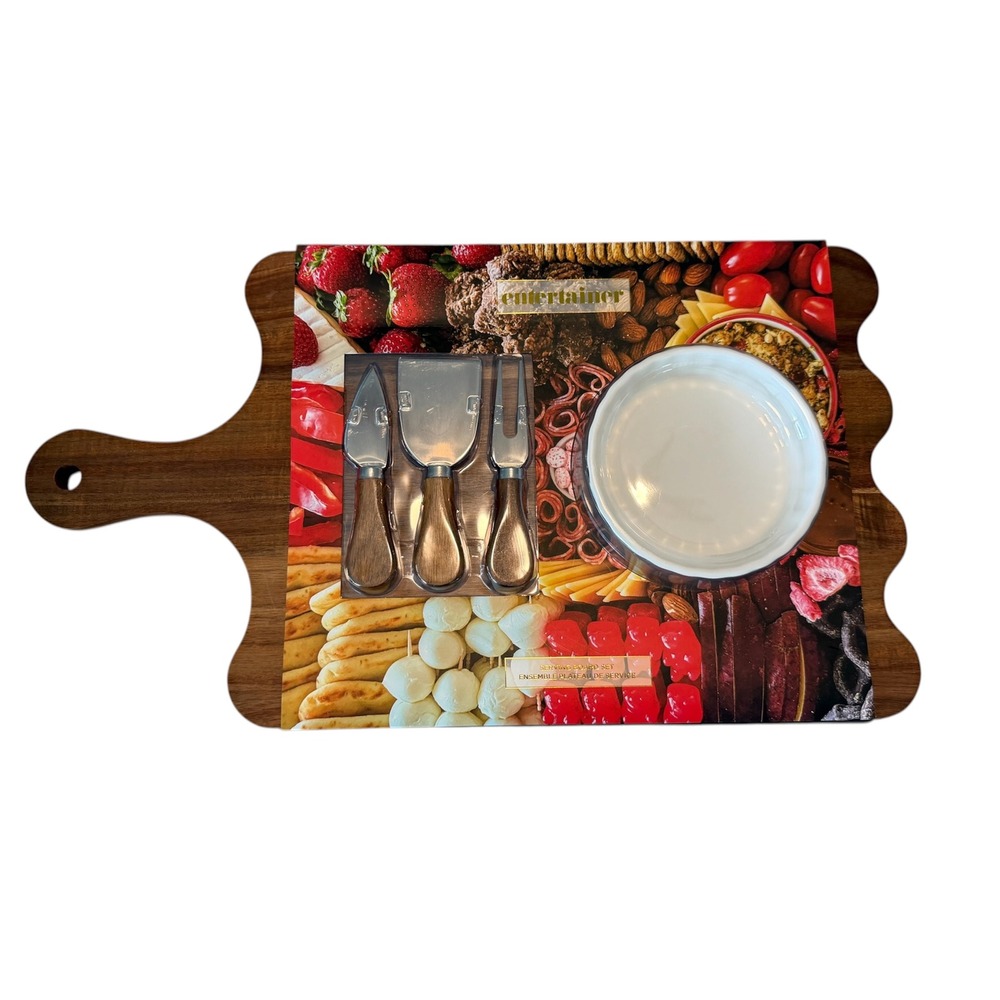 Entertainer Acacia Wood Charcuterie Serving Board Set with Tools‎ Ceramic Bowl